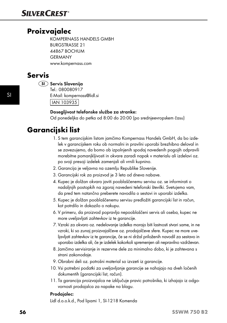 Proizvajalec, Servis, Garancijski list | Silvercrest SSWM 750 B2 User Manual | Page 59 / 102