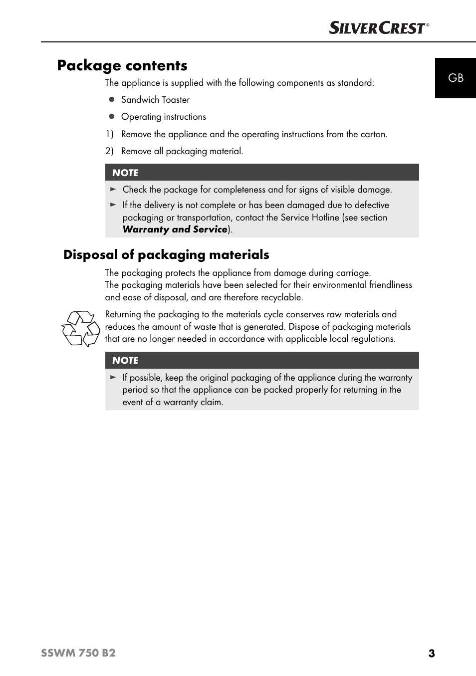 Package contents, Disposal of packaging materials | Silvercrest SSWM 750 B2 User Manual | Page 6 / 102