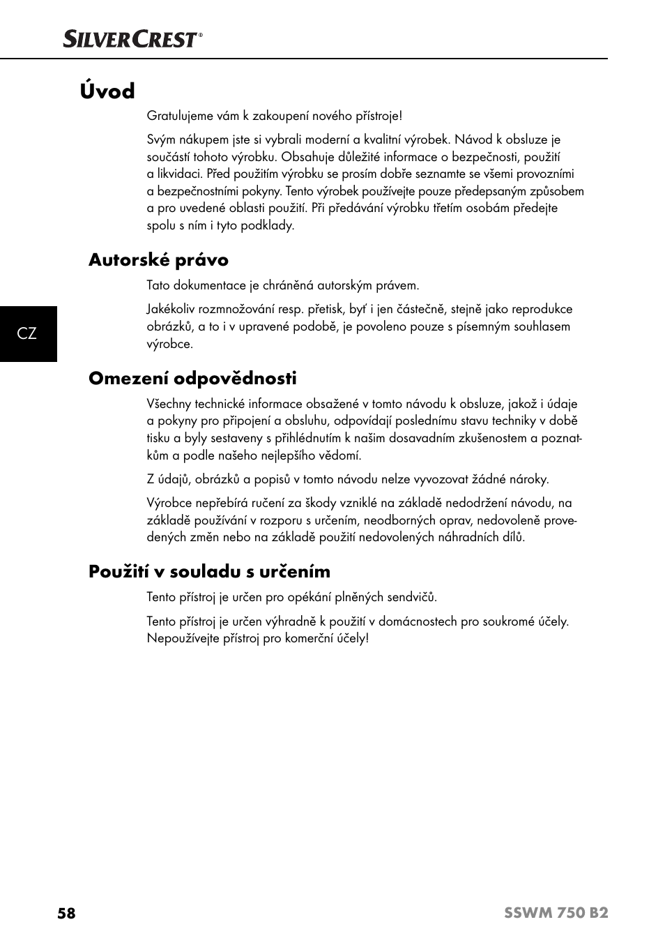 Úvod, Autorské právo, Omezení odpovědnosti | Použití v souladu s určením | Silvercrest SSWM 750 B2 User Manual | Page 61 / 102