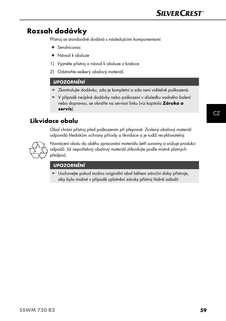 Rozsah dodávky, Likvidace obalu | Silvercrest SSWM 750 B2 User Manual | Page 62 / 102