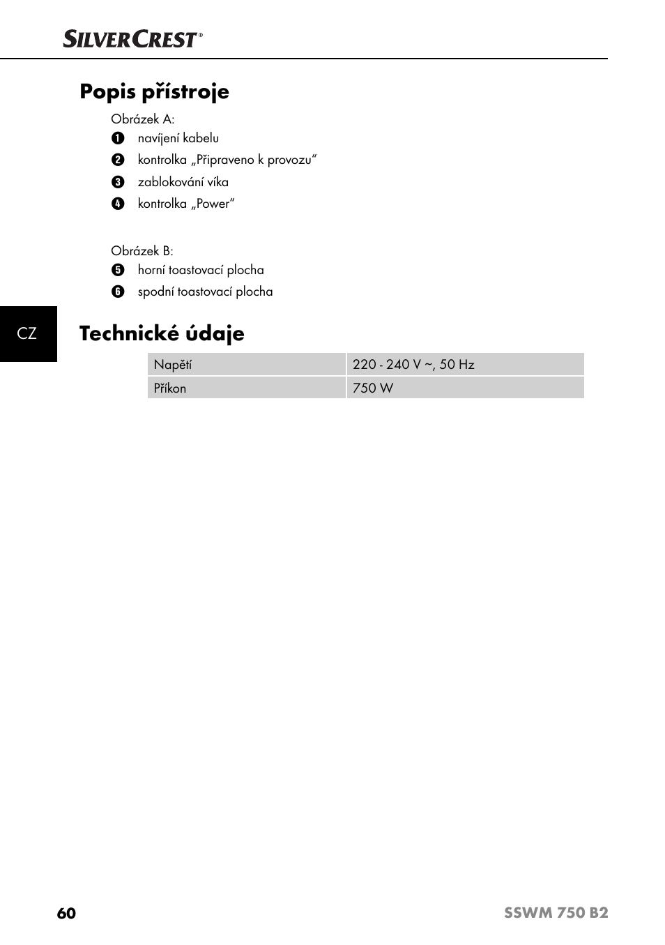 Popis přístroje, Technické údaje | Silvercrest SSWM 750 B2 User Manual | Page 63 / 102