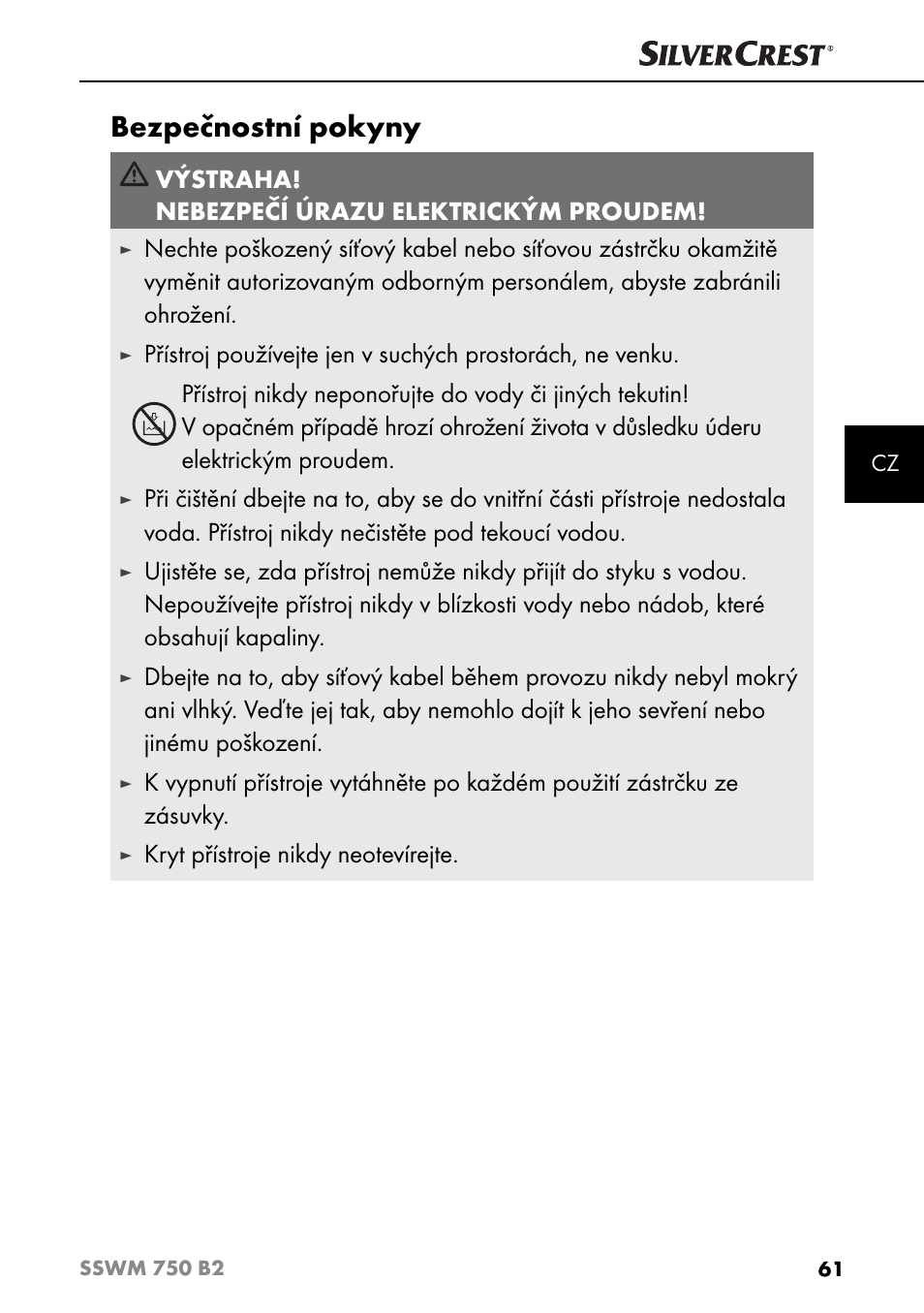 Bezpečnostní pokyny, Výstraha! nebezpečí úrazu elektrickým proudem, Kryt přístroje nikdy neotevírejte | Silvercrest SSWM 750 B2 User Manual | Page 64 / 102