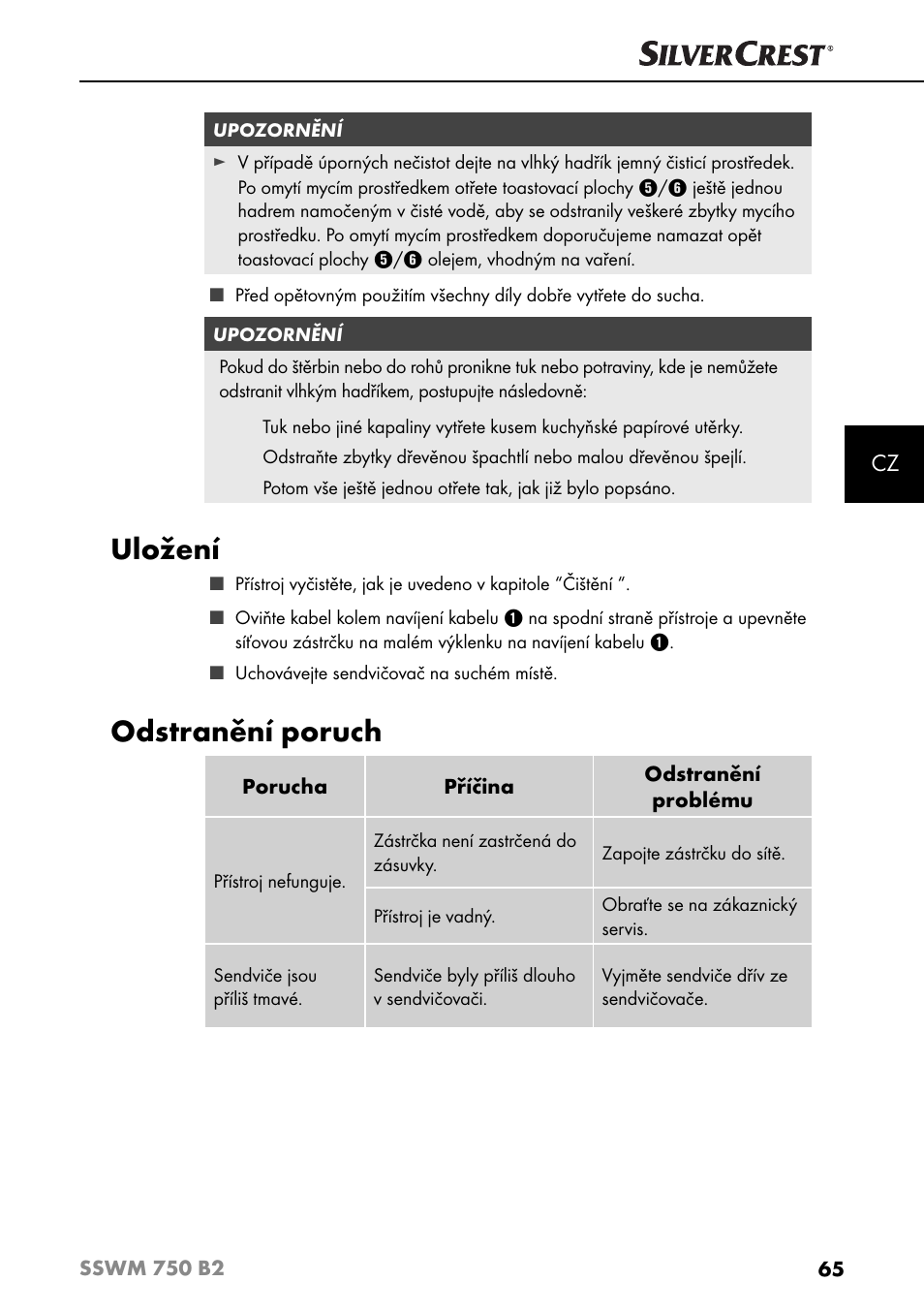 Uložení, Odstranění poruch | Silvercrest SSWM 750 B2 User Manual | Page 68 / 102