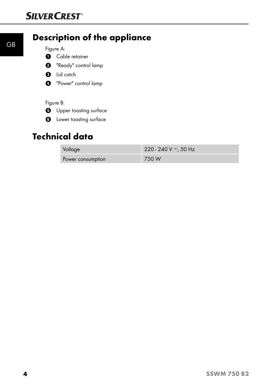 Description of the appliance, Technical data | Silvercrest SSWM 750 B2 User Manual | Page 7 / 102