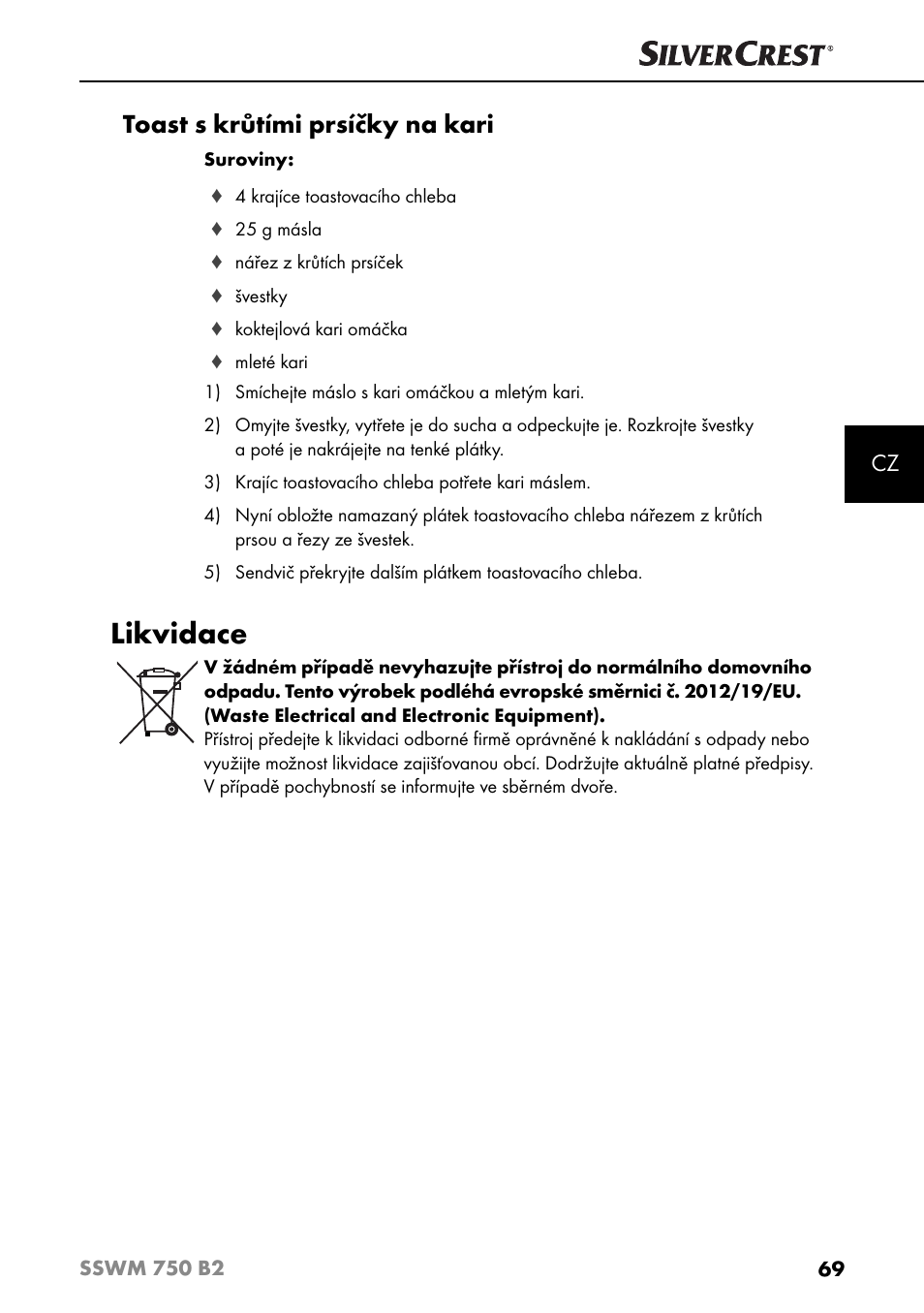 Likvidace, Toast s krůtími prsíčky na kari | Silvercrest SSWM 750 B2 User Manual | Page 72 / 102