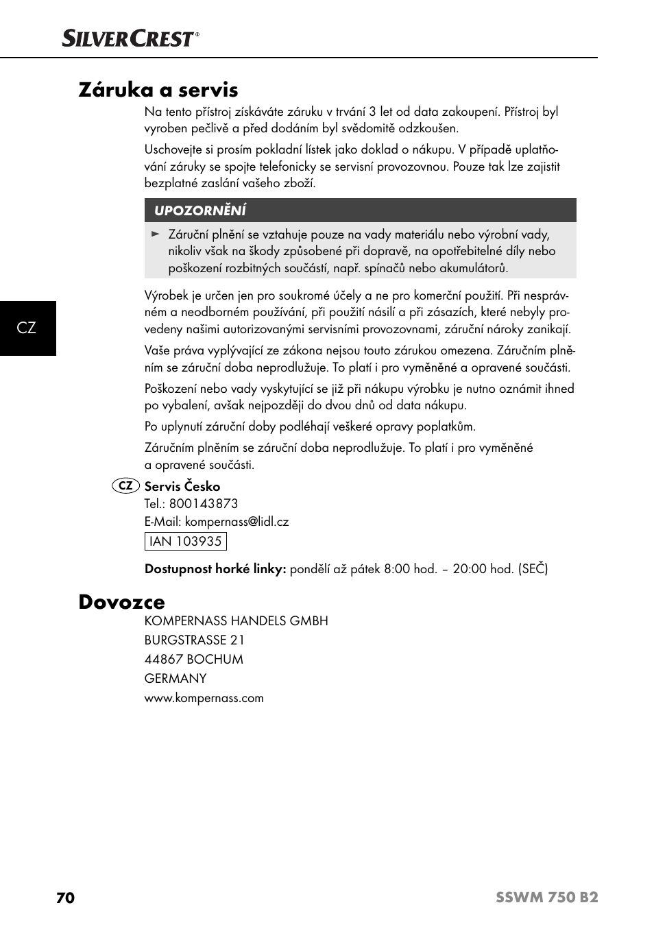Záruka a servis, Dovozce | Silvercrest SSWM 750 B2 User Manual | Page 73 / 102