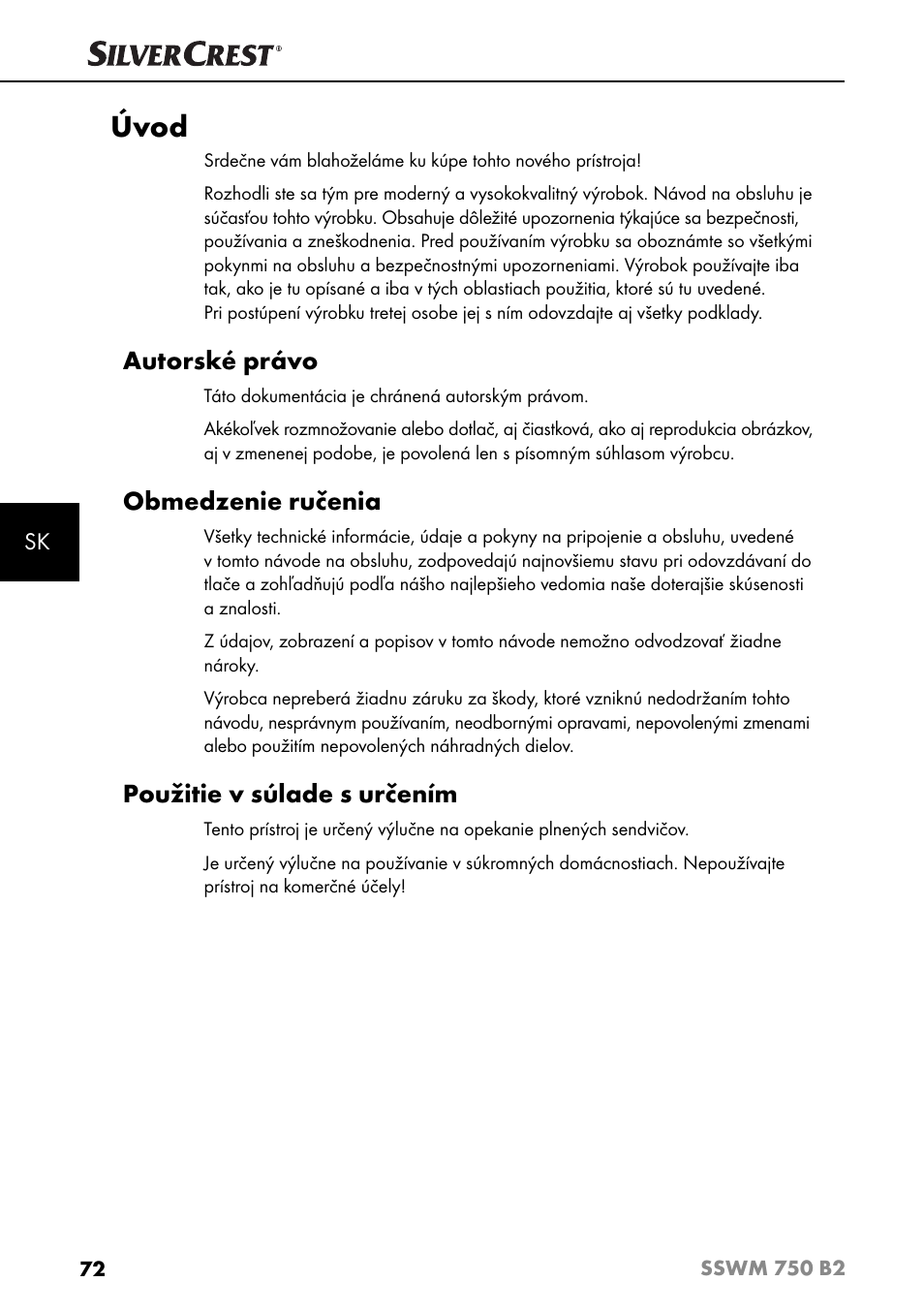 Úvod, Autorské právo, Obmedzenie ručenia | Použitie v súlade s určením | Silvercrest SSWM 750 B2 User Manual | Page 75 / 102