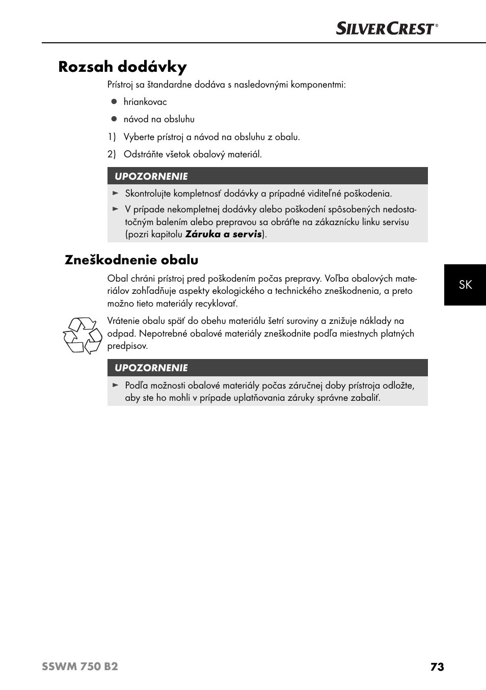 Rozsah dodávky, Zneškodnenie obalu | Silvercrest SSWM 750 B2 User Manual | Page 76 / 102