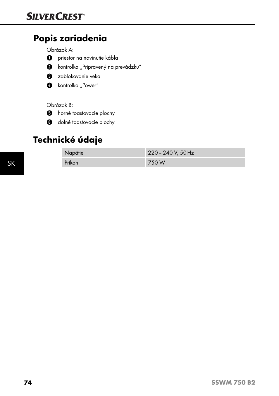 Popis zariadenia, Technické údaje | Silvercrest SSWM 750 B2 User Manual | Page 77 / 102