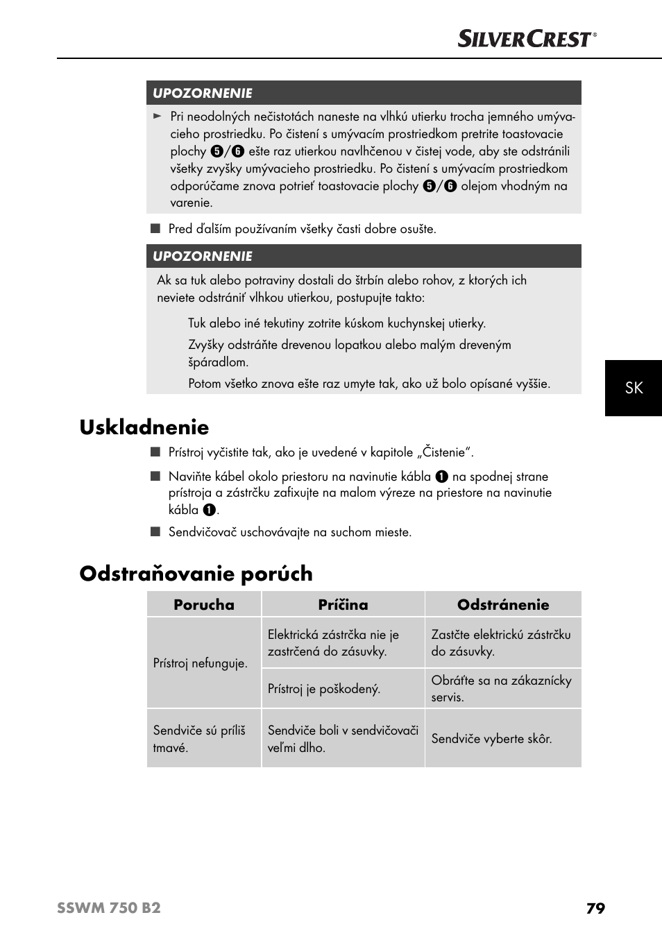 Uskladnenie, Odstraňovanie porúch | Silvercrest SSWM 750 B2 User Manual | Page 82 / 102