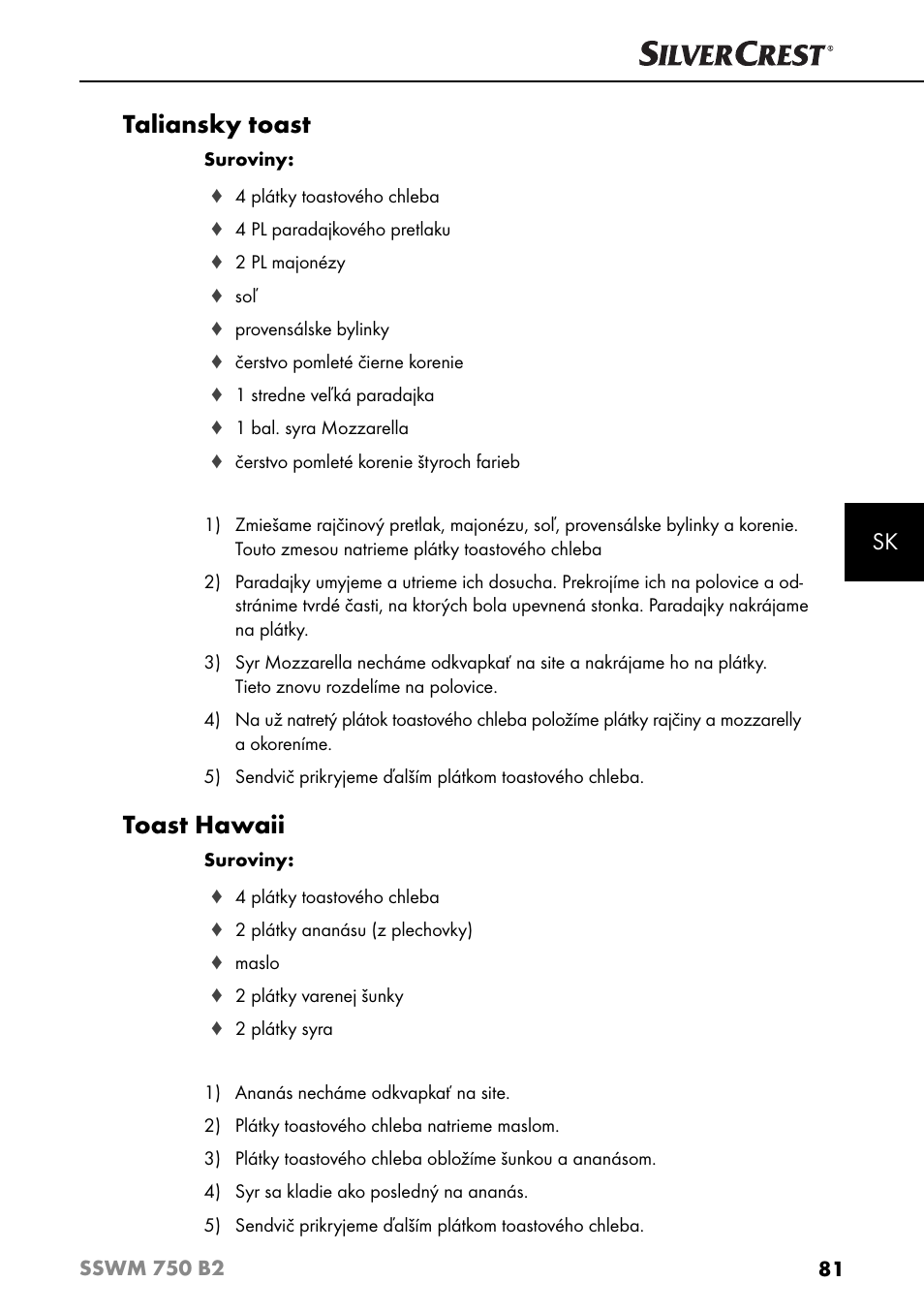 Taliansky toast, Toast hawaii | Silvercrest SSWM 750 B2 User Manual | Page 84 / 102