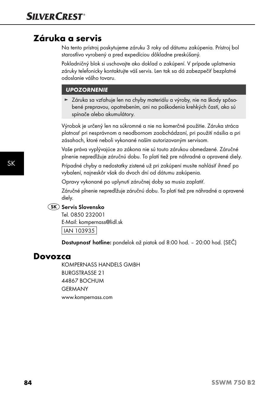 Záruka a servis, Dovozca | Silvercrest SSWM 750 B2 User Manual | Page 87 / 102