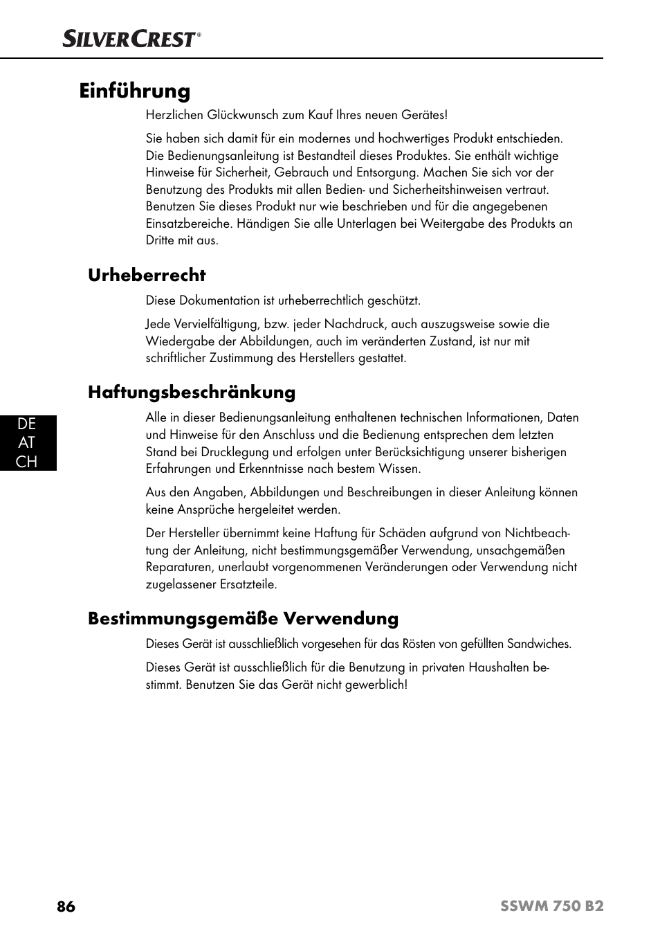 Einführung, Urheberrecht, Haftungsbeschränkung | Bestimmungsgemäße verwendung | Silvercrest SSWM 750 B2 User Manual | Page 89 / 102