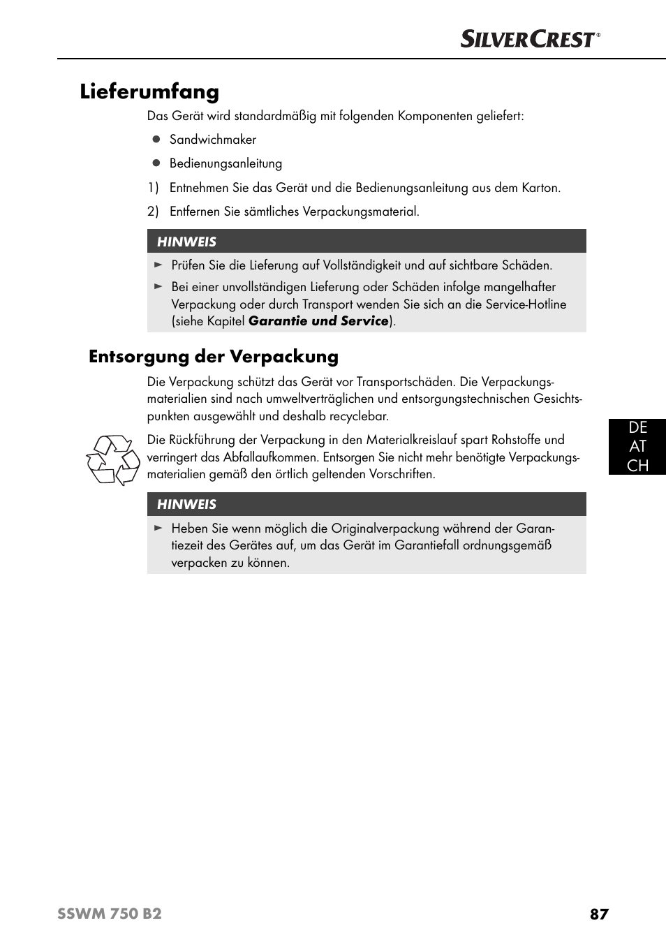 Lieferumfang, Entsorgung der verpackung, De at ch | Silvercrest SSWM 750 B2 User Manual | Page 90 / 102