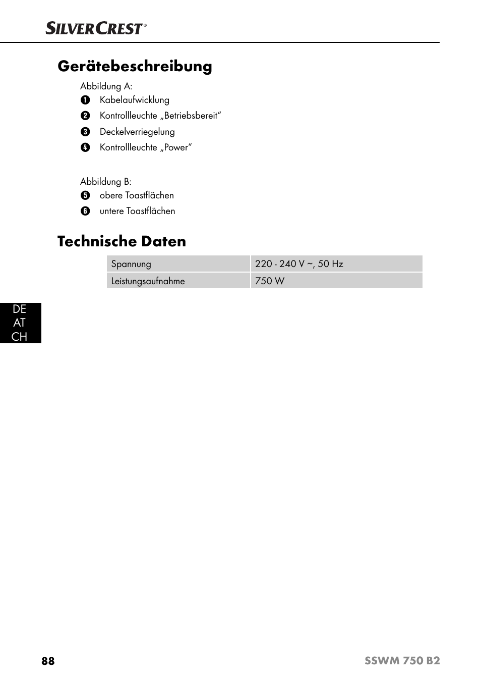 Gerätebeschreibung, Technische daten, De at ch | Silvercrest SSWM 750 B2 User Manual | Page 91 / 102