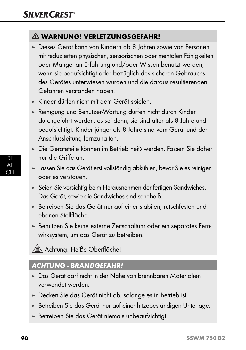 Warnung! verletzungsgefahr, Kinder dürfen nicht mit dem gerät spielen, Betreiben sie das gerät niemals unbeaufsichtigt | Silvercrest SSWM 750 B2 User Manual | Page 93 / 102