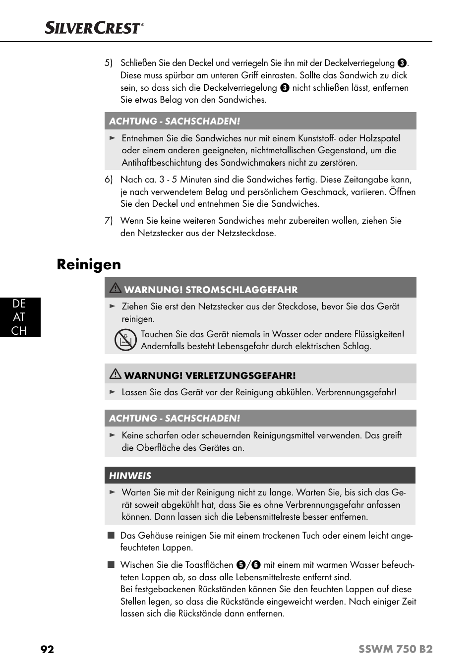 Reinigen, De at ch | Silvercrest SSWM 750 B2 User Manual | Page 95 / 102