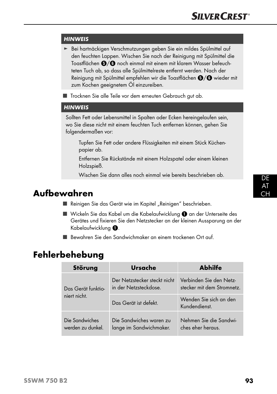 Aufbewahren, Fehlerbehebung, De at ch | Silvercrest SSWM 750 B2 User Manual | Page 96 / 102