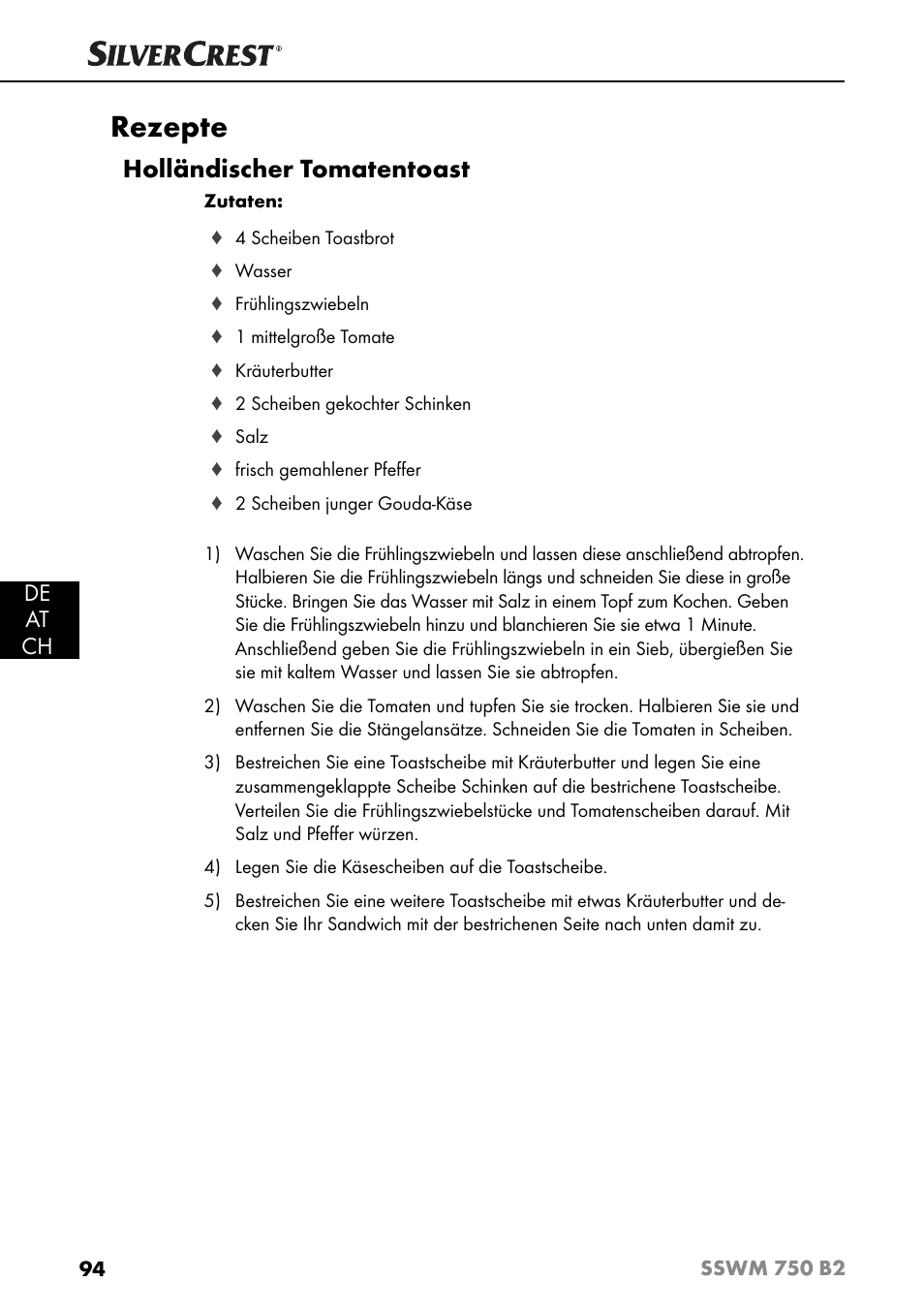 Rezepte, Holländischer tomatentoast, De at ch | Silvercrest SSWM 750 B2 User Manual | Page 97 / 102