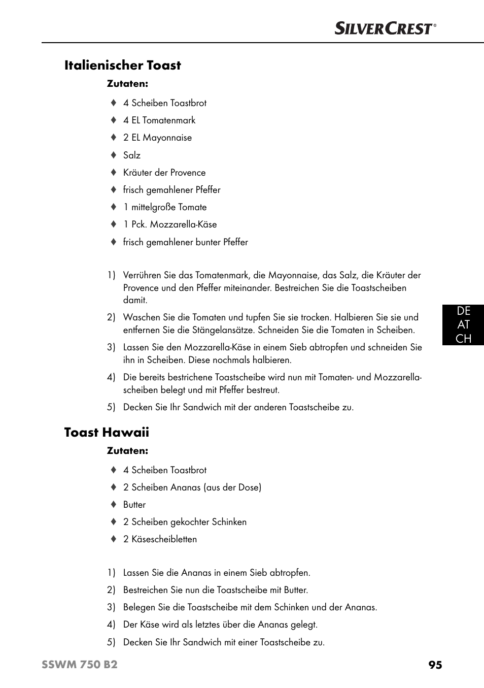 Italienischer toast, Toast hawaii, De at ch | Silvercrest SSWM 750 B2 User Manual | Page 98 / 102