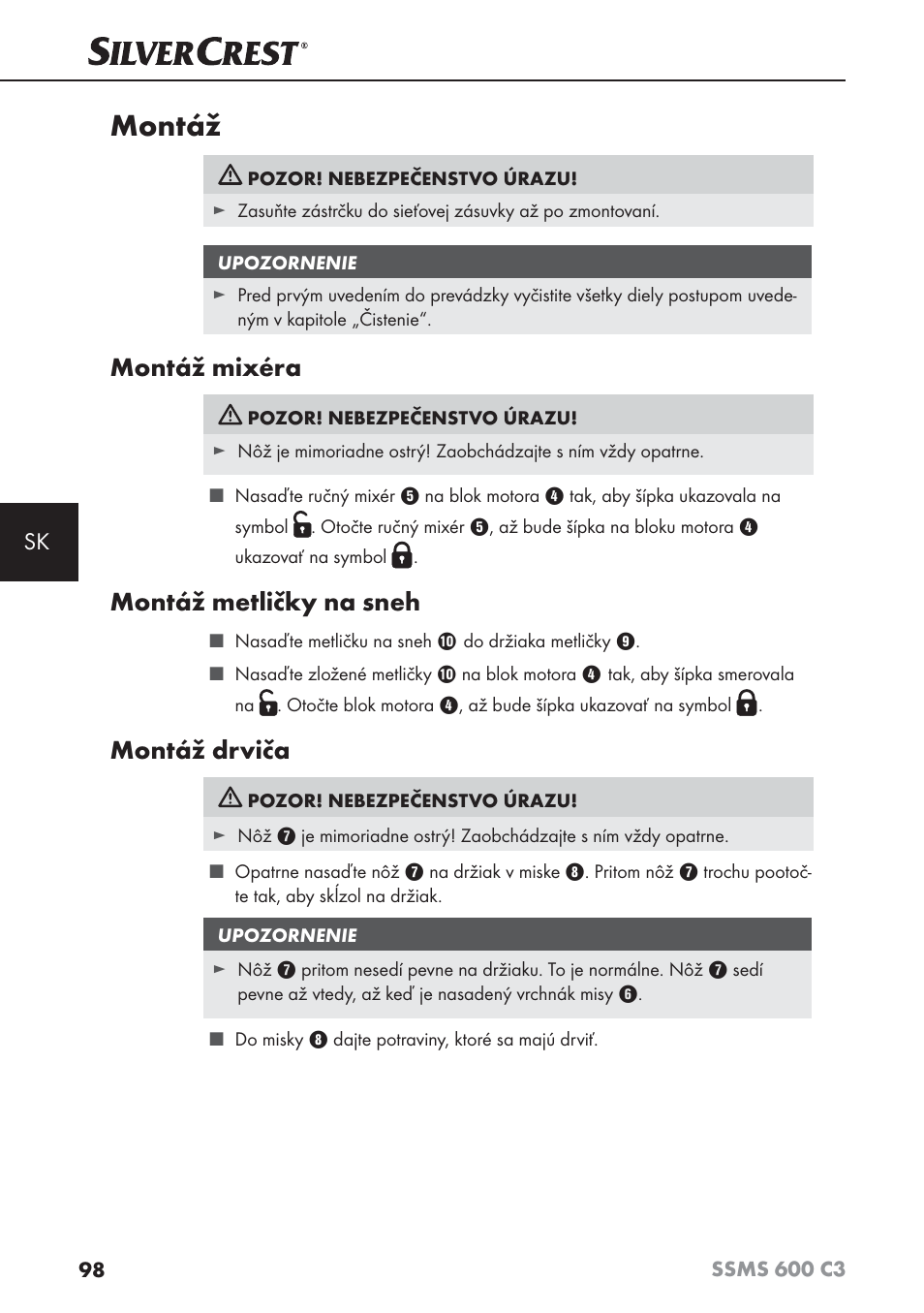 Montáž, Montáž mixéra, Montáž metličky na sneh | Montáž drviča | Silvercrest SSMS 600 C3 User Manual | Page 101 / 130