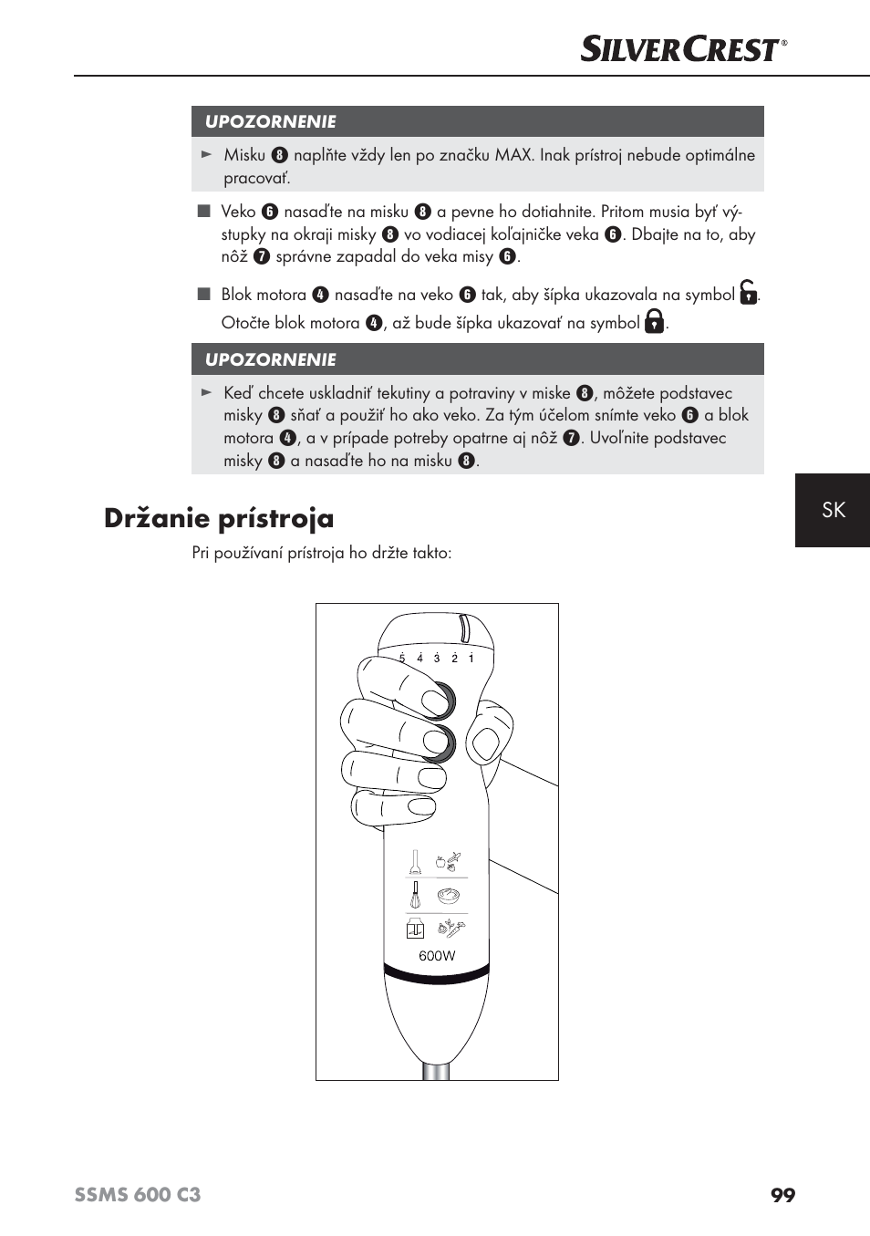 Držanie prístroja | Silvercrest SSMS 600 C3 User Manual | Page 102 / 130