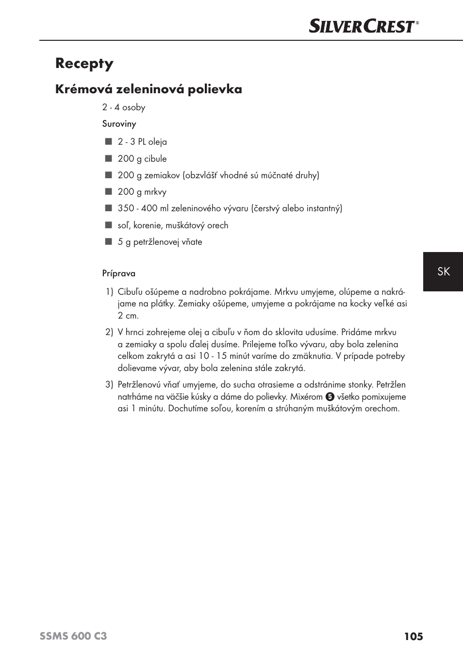 Recepty, Krémová zeleninová polievka | Silvercrest SSMS 600 C3 User Manual | Page 108 / 130