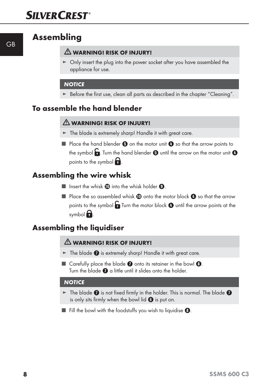 Assembling, Assembling the wire whisk, Assembling the liquidiser | Silvercrest SSMS 600 C3 User Manual | Page 11 / 130