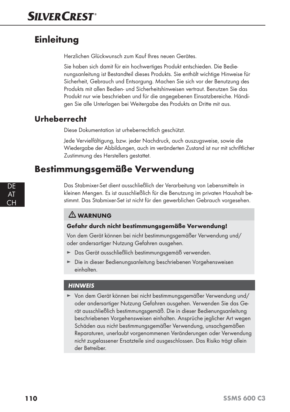Einleitung, Bestimmungsgemäße verwendung, Urheberrecht | Silvercrest SSMS 600 C3 User Manual | Page 113 / 130