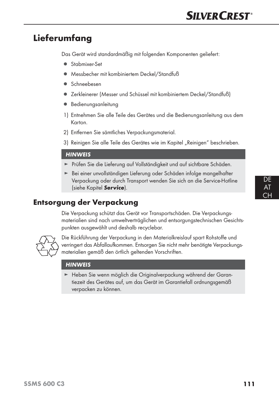 Lieferumfang, Entsorgung der verpackung, De at ch | Silvercrest SSMS 600 C3 User Manual | Page 114 / 130