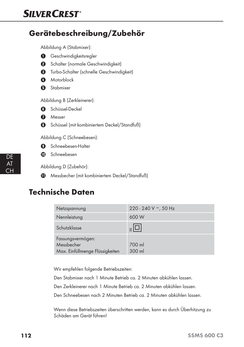 Gerätebeschreibung/zubehör, Technische daten, De at ch | Silvercrest SSMS 600 C3 User Manual | Page 115 / 130