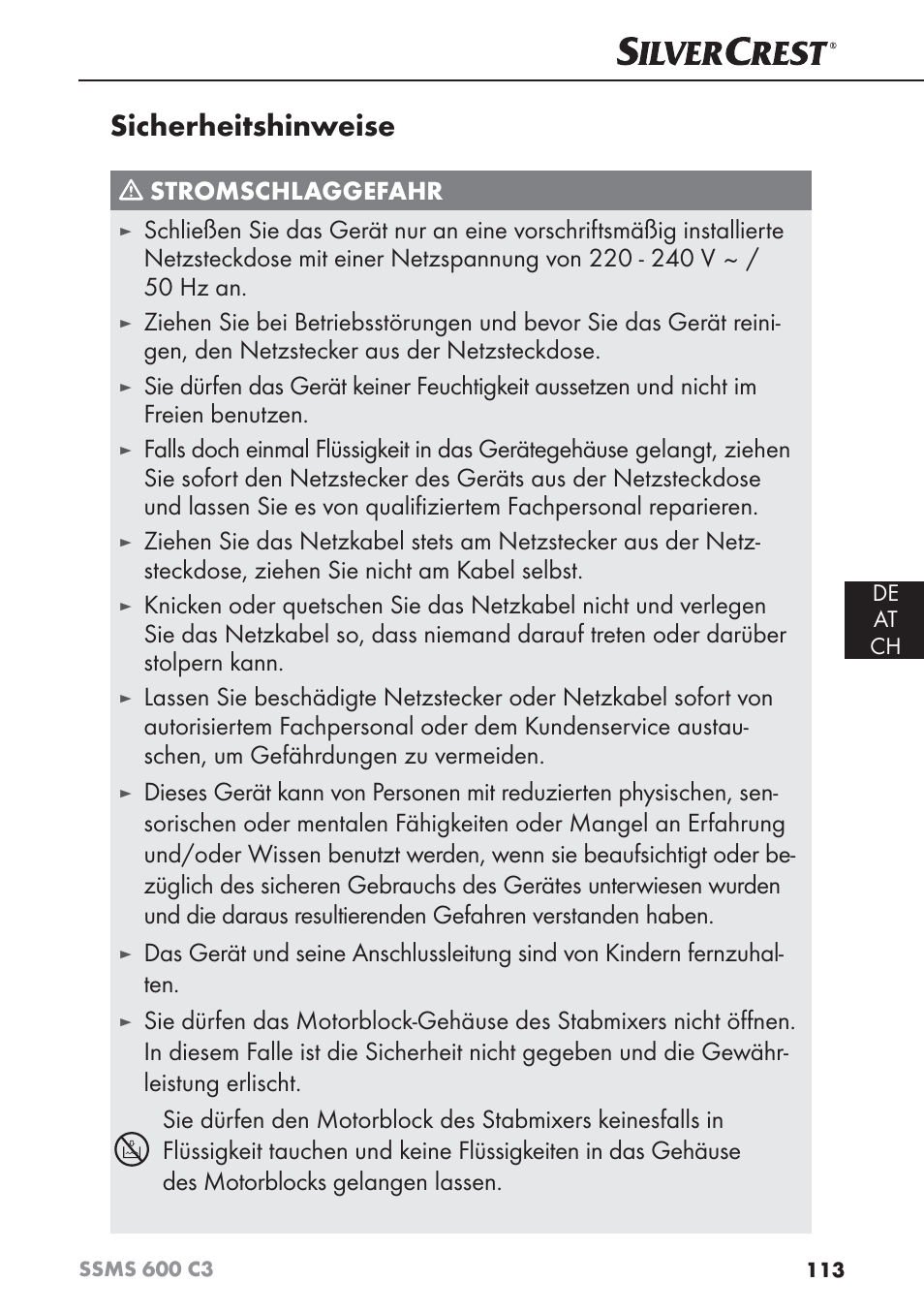 Sicherheitshinweise, Stromschlaggefahr | Silvercrest SSMS 600 C3 User Manual | Page 116 / 130