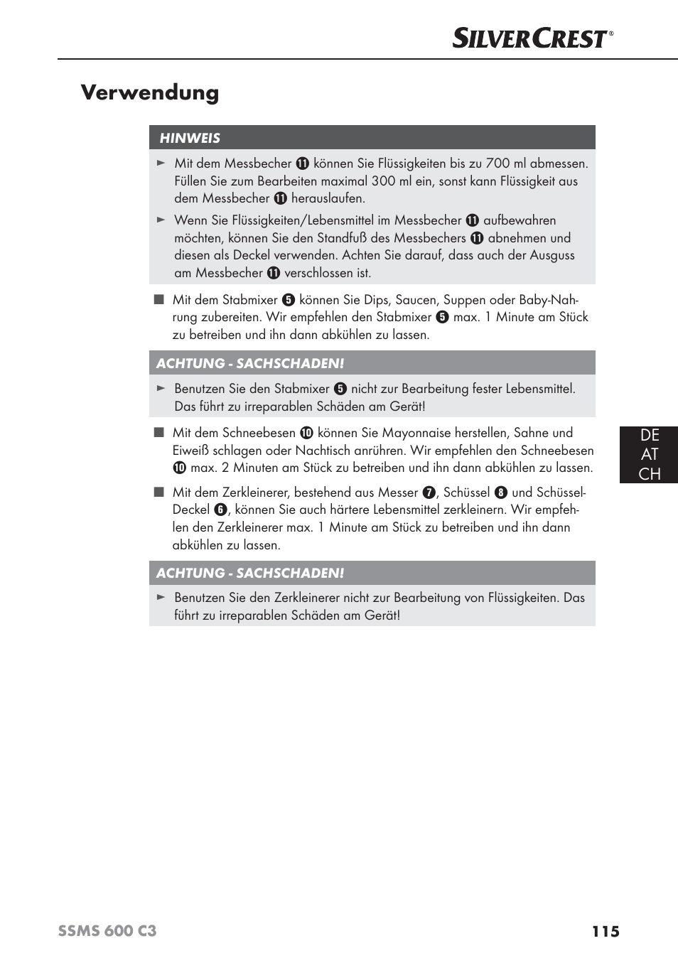 Verwendung, De at ch | Silvercrest SSMS 600 C3 User Manual | Page 118 / 130