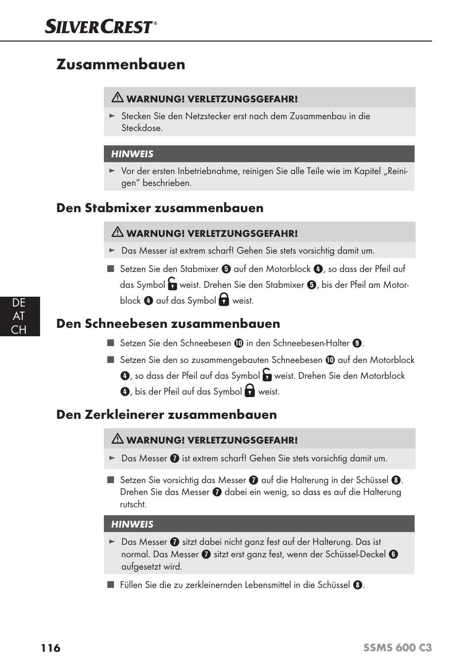 Zusammenbauen, Den stabmixer zusammenbauen, Den schneebesen zusammenbauen | Den zerkleinerer zusammenbauen, De at ch | Silvercrest SSMS 600 C3 User Manual | Page 119 / 130