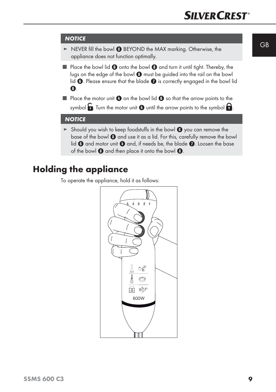 Holding the appliance | Silvercrest SSMS 600 C3 User Manual | Page 12 / 130
