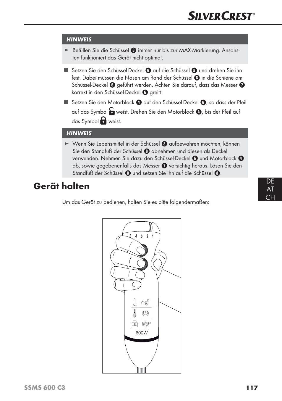 Gerät halten, De at ch | Silvercrest SSMS 600 C3 User Manual | Page 120 / 130