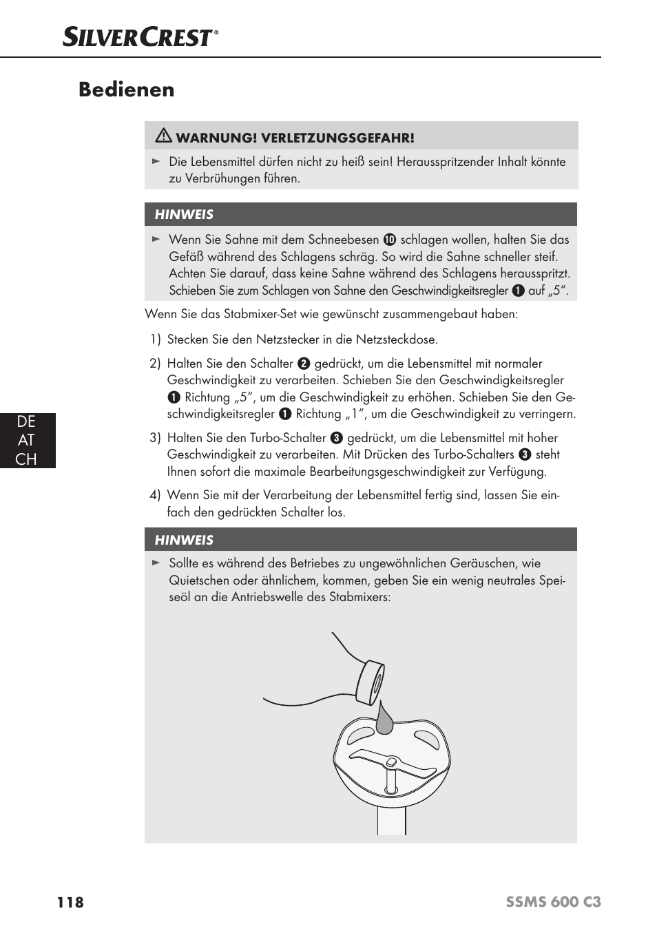 Bedienen, De at ch | Silvercrest SSMS 600 C3 User Manual | Page 121 / 130