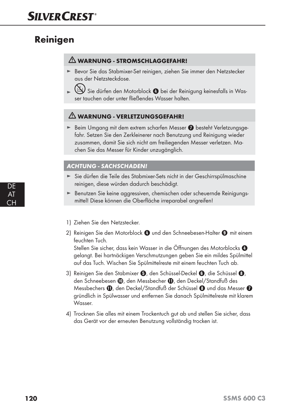 Reinigen, De at ch | Silvercrest SSMS 600 C3 User Manual | Page 123 / 130