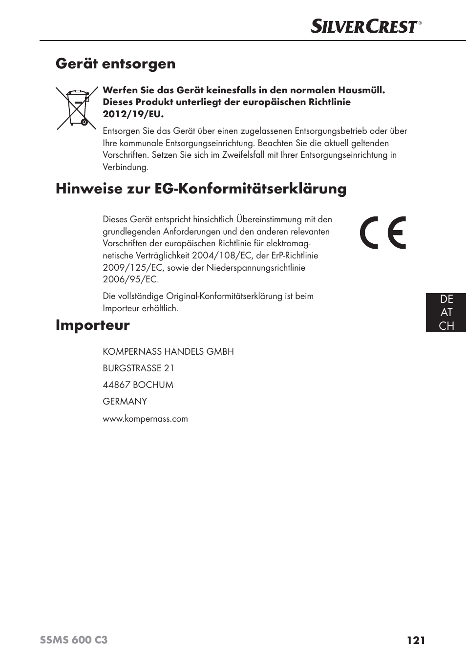 Gerät entsorgen, Hinweise zur eg-konformitätserklärung, Importeur | Silvercrest SSMS 600 C3 User Manual | Page 124 / 130