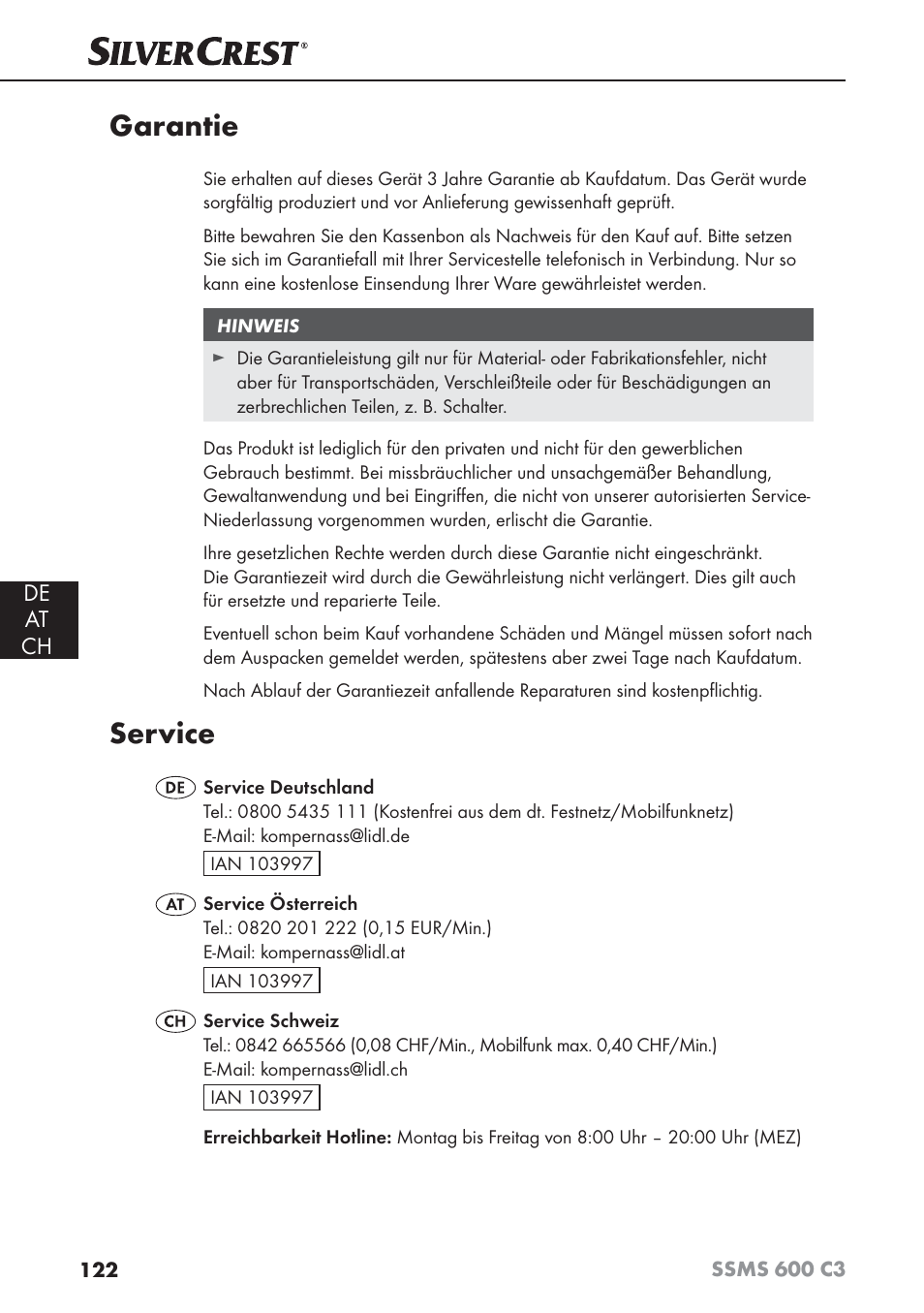 Garantie, Service, De at ch | Silvercrest SSMS 600 C3 User Manual | Page 125 / 130