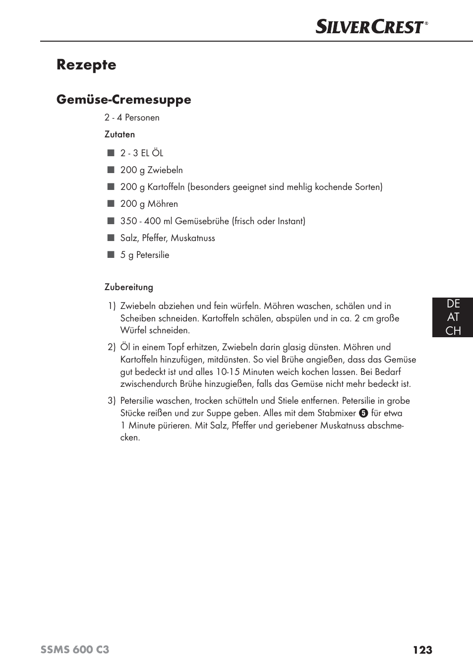 Rezepte, Gemüse-cremesuppe, De at ch | Silvercrest SSMS 600 C3 User Manual | Page 126 / 130