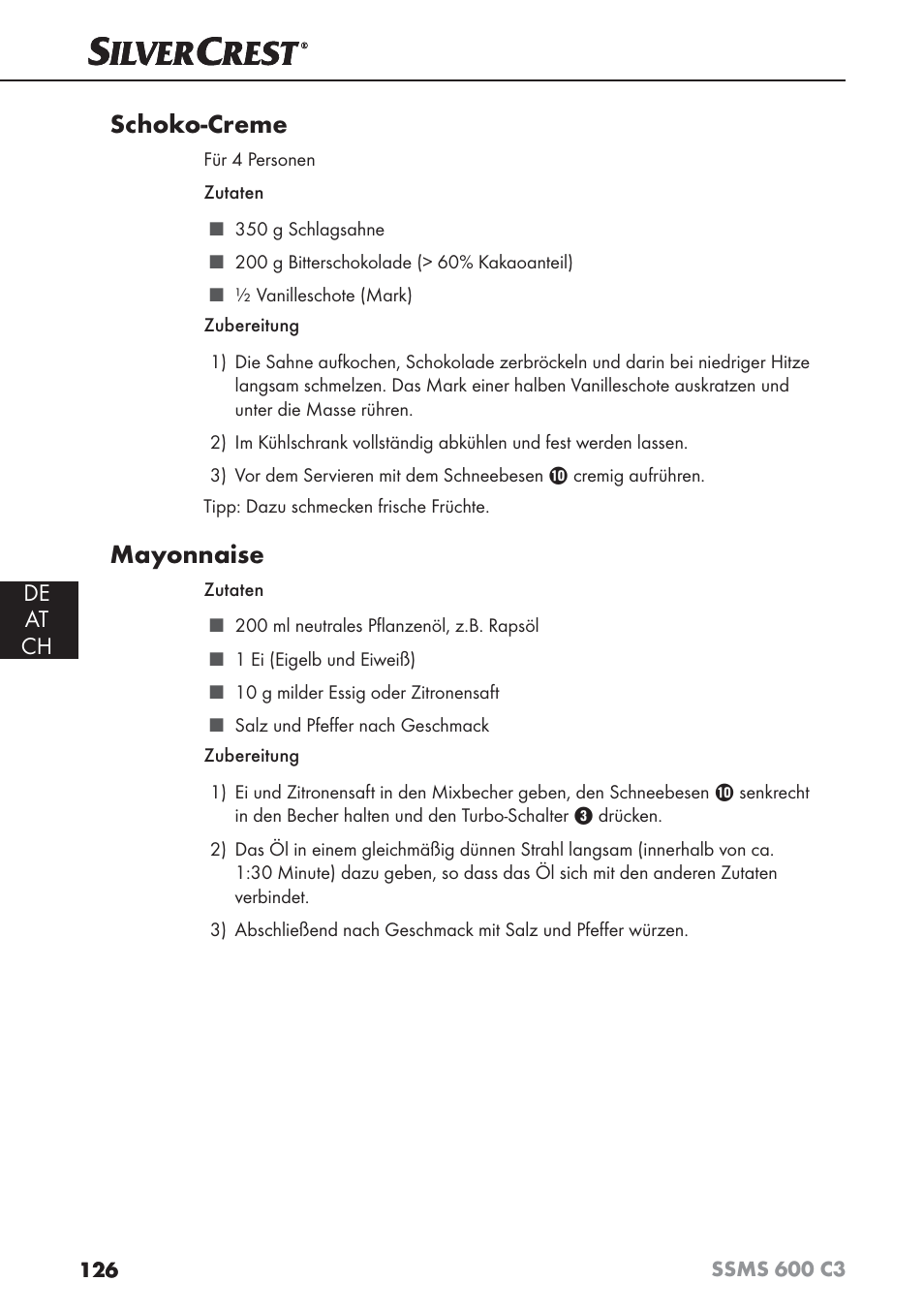 Schoko-creme, Mayonnaise, De at ch | Silvercrest SSMS 600 C3 User Manual | Page 129 / 130