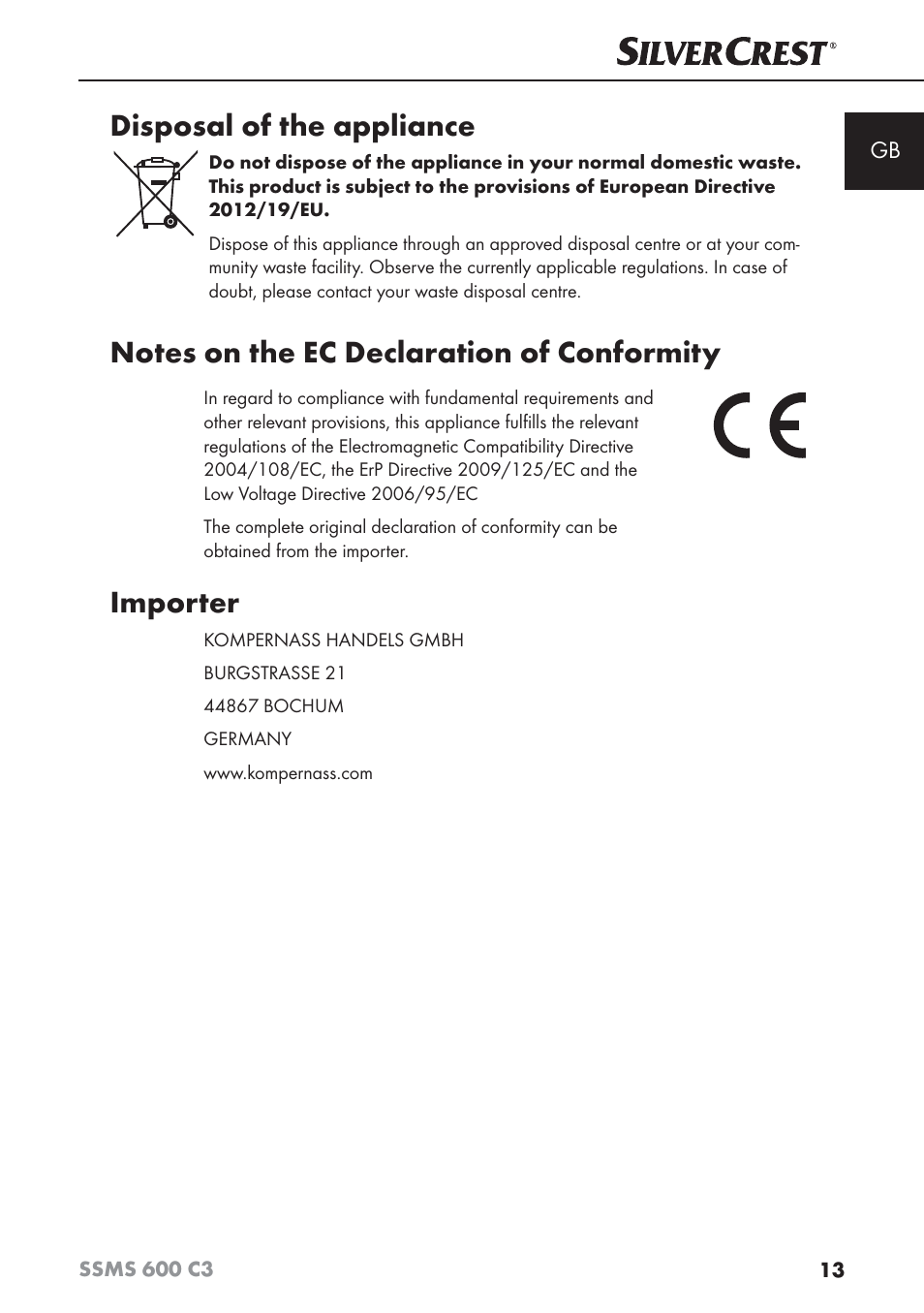 Disposal of the appliance, Importer | Silvercrest SSMS 600 C3 User Manual | Page 16 / 130