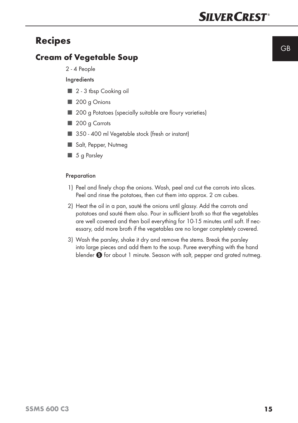 Recipes, Cream of vegetable soup | Silvercrest SSMS 600 C3 User Manual | Page 18 / 130
