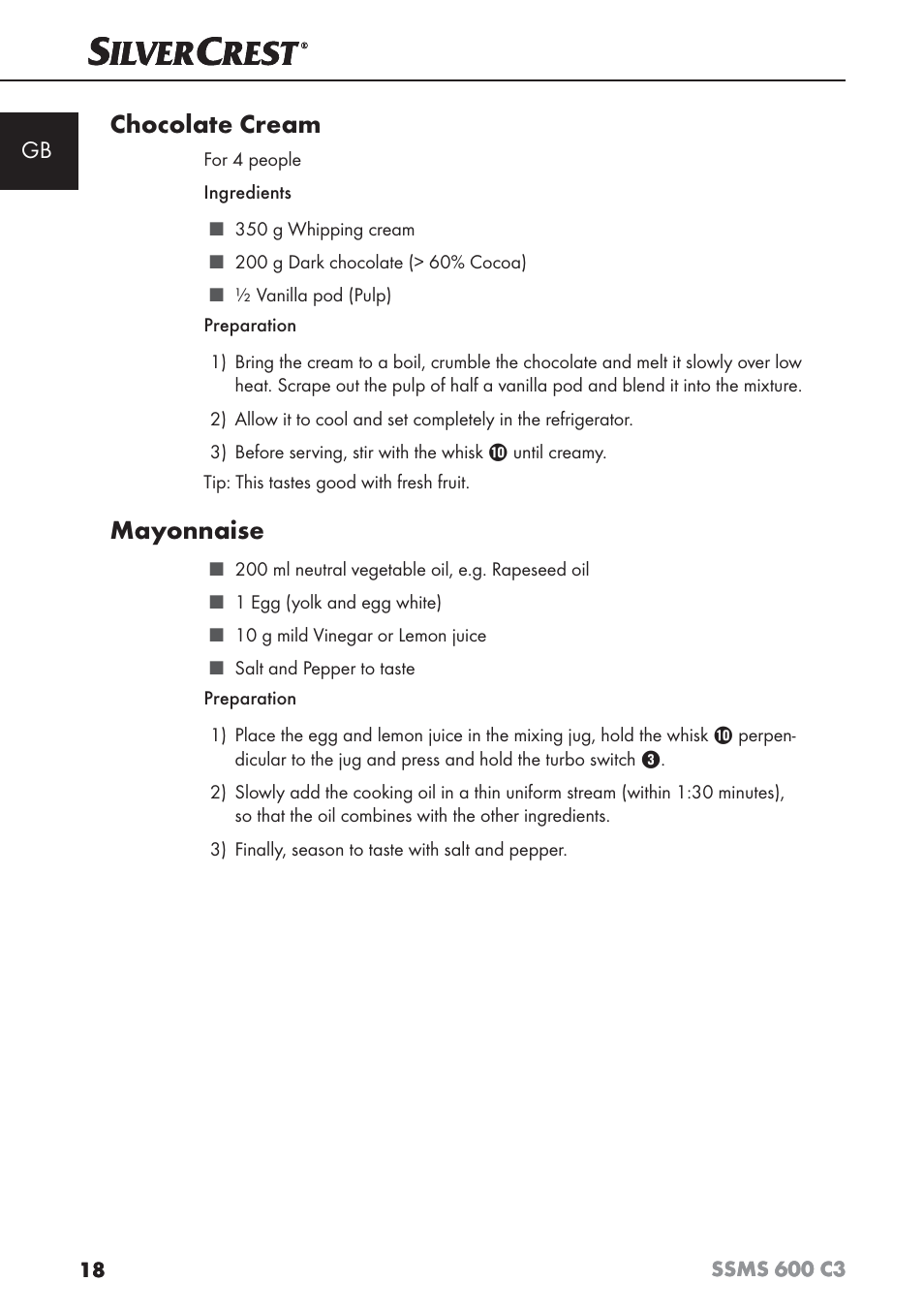 Chocolate cream, Mayonnaise | Silvercrest SSMS 600 C3 User Manual | Page 21 / 130