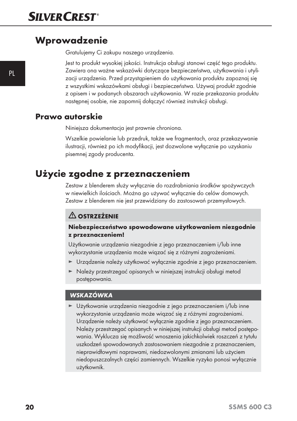 Wprowadzenie, Użycie zgodne z przeznaczeniem, Prawo autorskie | Silvercrest SSMS 600 C3 User Manual | Page 23 / 130