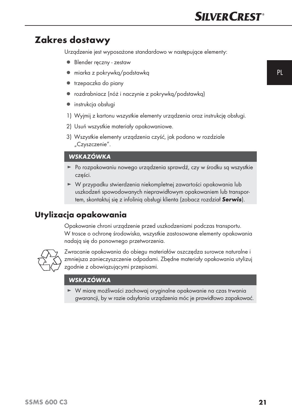 Zakres dostawy, Utylizacja opakowania | Silvercrest SSMS 600 C3 User Manual | Page 24 / 130