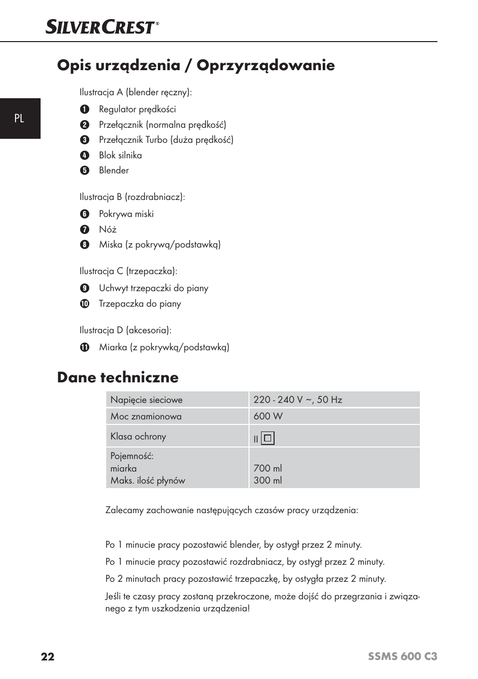 Opis urządzenia / oprzyrządowanie, Dane techniczne | Silvercrest SSMS 600 C3 User Manual | Page 25 / 130