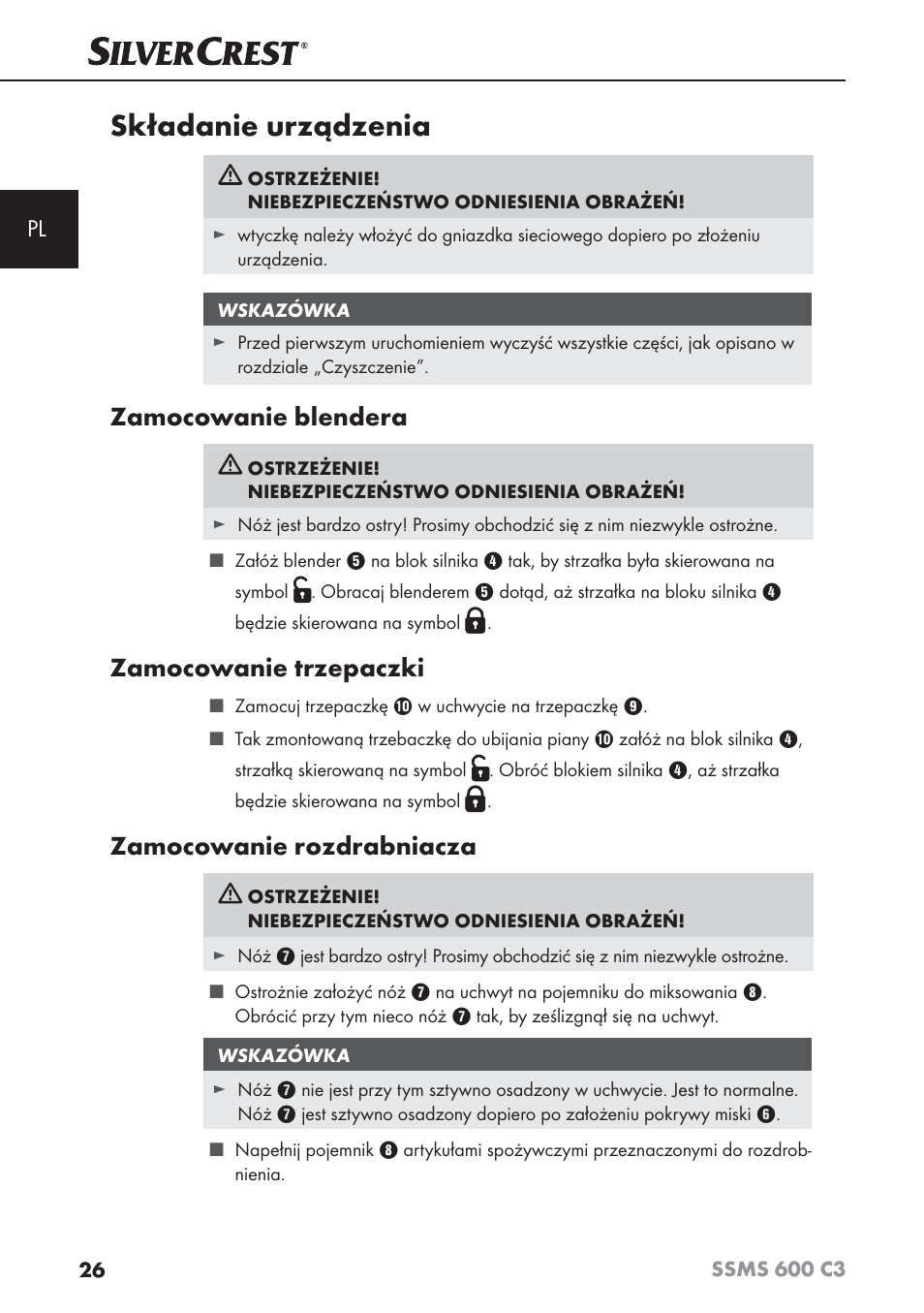 Składanie urządzenia, Zamocowanie blendera, Zamocowanie trzepaczki | Zamocowanie rozdrabniacza | Silvercrest SSMS 600 C3 User Manual | Page 29 / 130