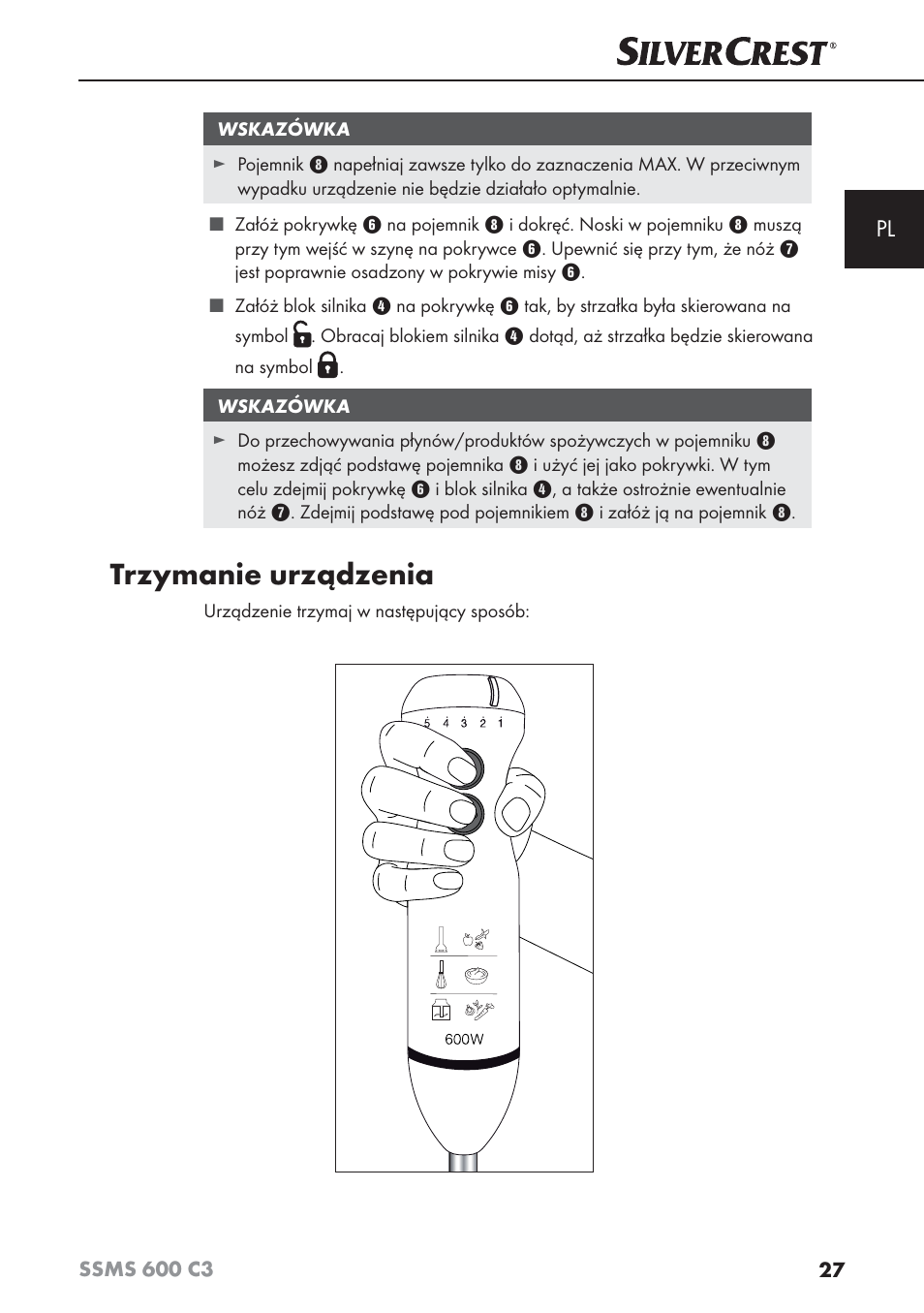 Trzymanie urządzenia | Silvercrest SSMS 600 C3 User Manual | Page 30 / 130